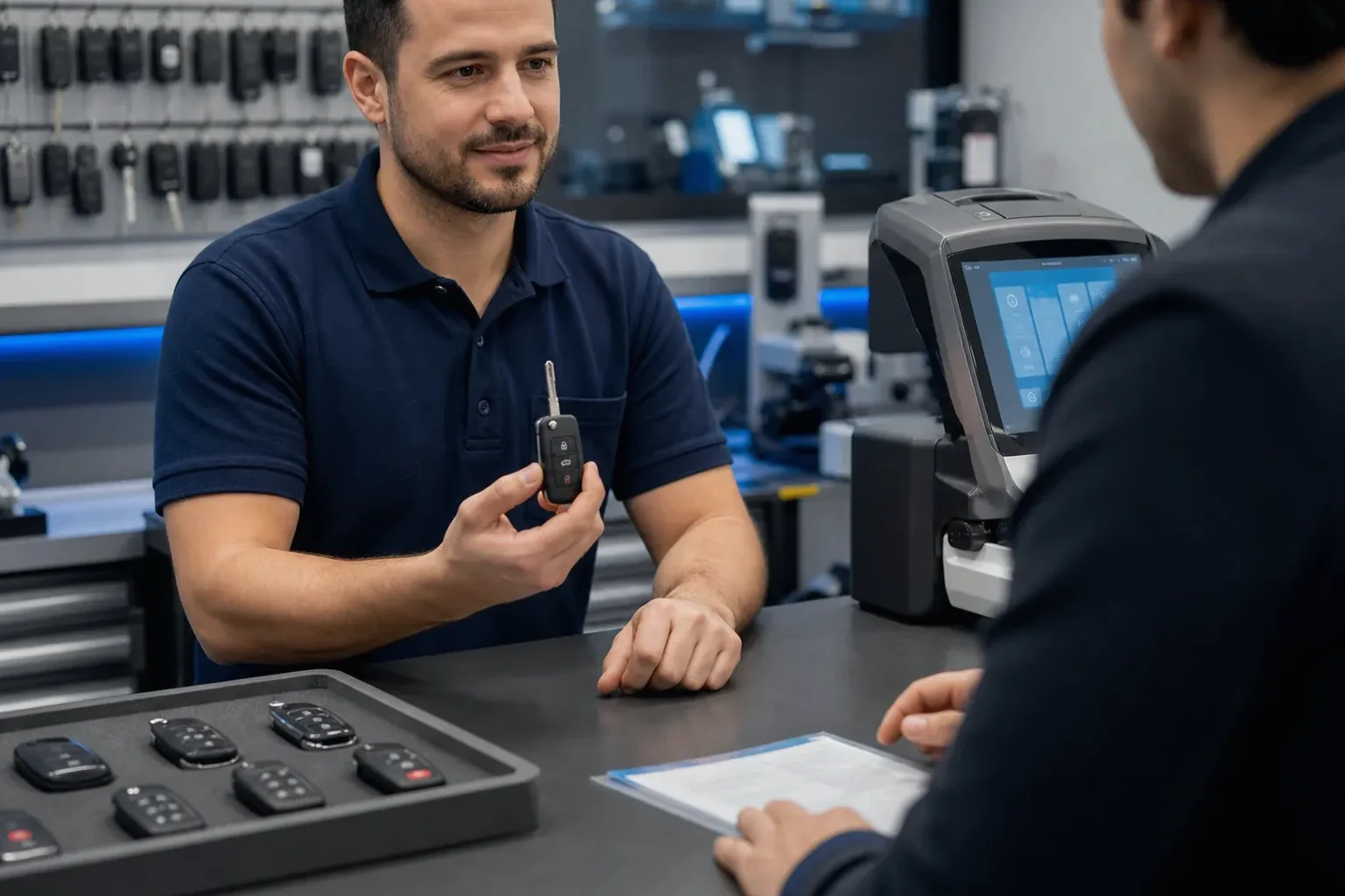 Chaveiro confeccionando chave codificada utilizando máquina em Jaú.