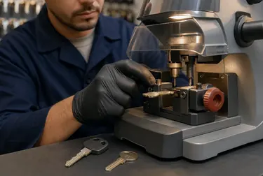Chaveiro fazendo cópias de chaves com equipamento em Jaú.