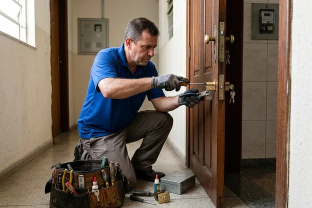 Chaveiro trocando fechadura em porta de uma casa em Jaú.